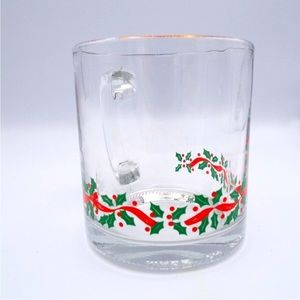 Vintage Libby Holly Christmas glass mugs with gold rim around mug made in USA.